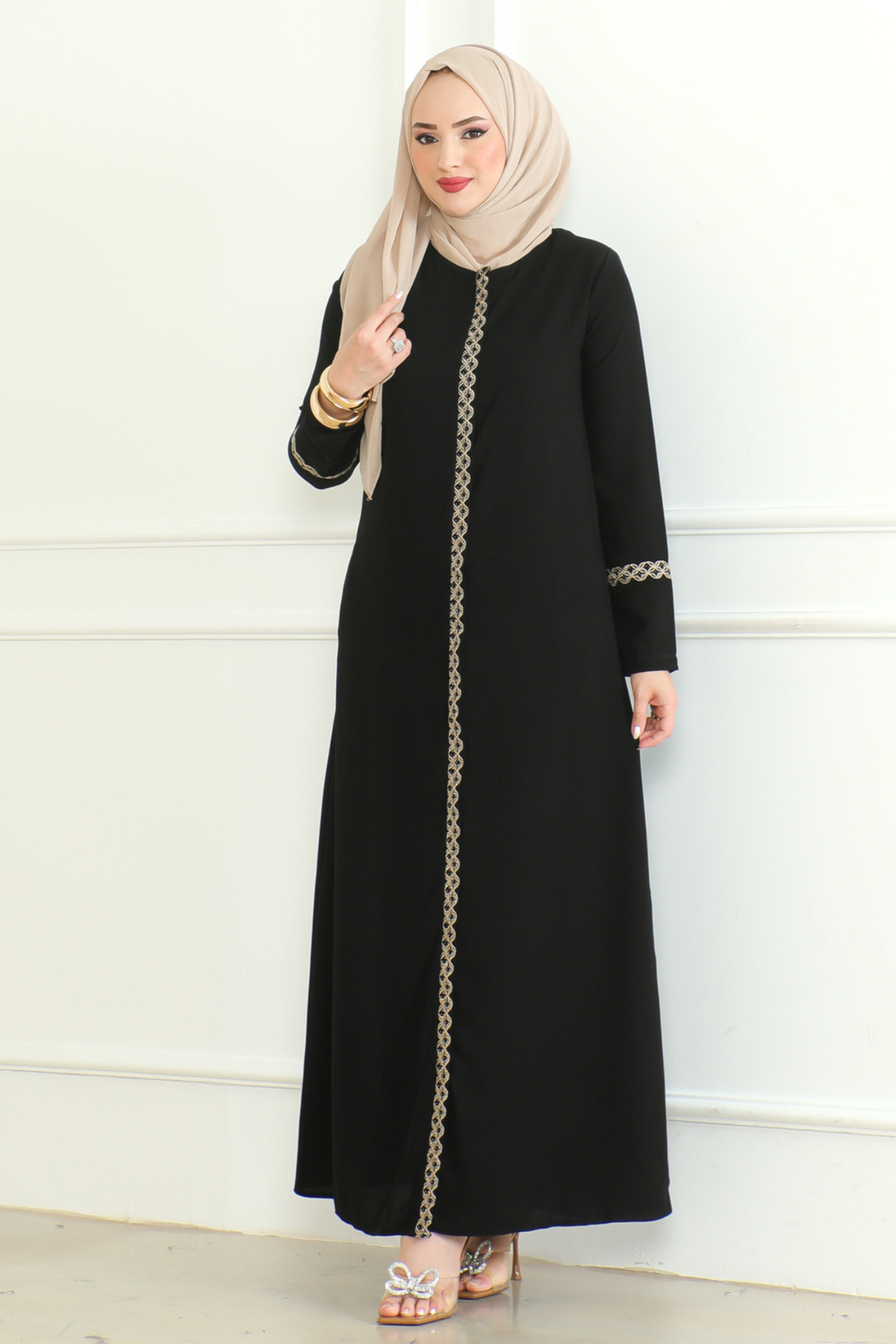 Full-length black lace-trim abaya with A-line drape to the floor