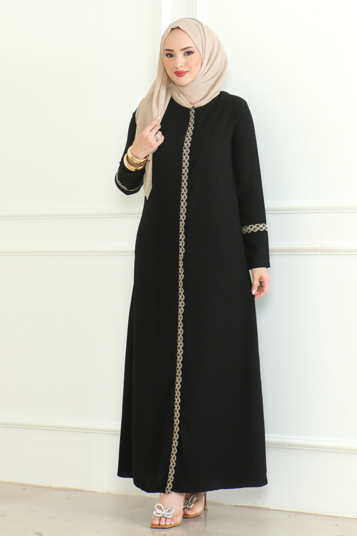 Black Lace-Trim Embroidered Abaya with Hidden Front Zipper – Turkish Abaya