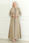 Beige Lace-Trim Embroidered Abaya with Hidden Front Zipper – Turkish Abaya