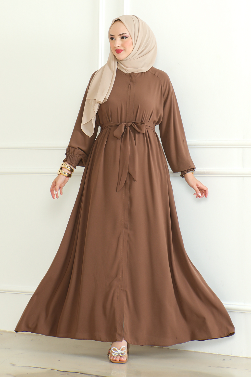 Brown Belted Abaya with Elasticated Cuffs & Front Zipper – Turkish Modest Maxi Dress