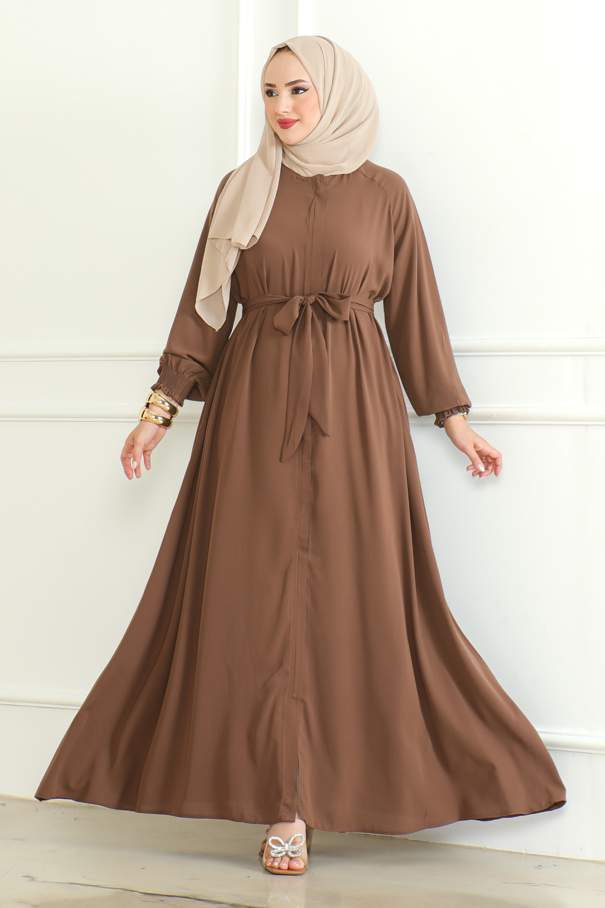 Brown Belted Abaya with Elasticated Cuffs & Front Zipper – Turkish Modest Maxi Dress