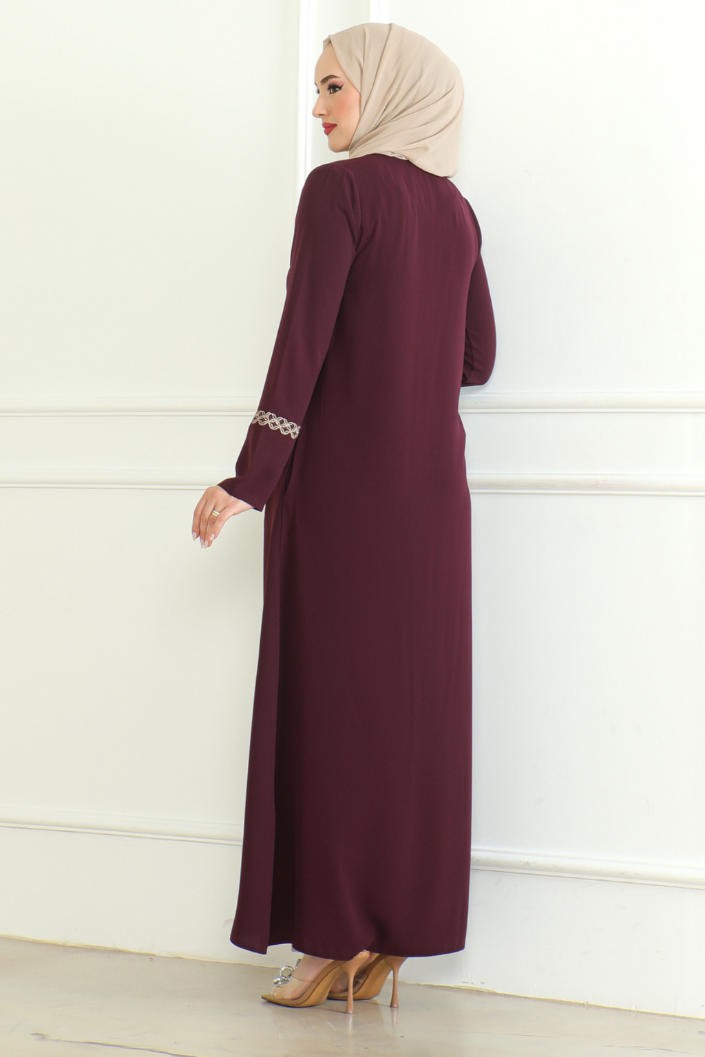 Purple Lace-Trim Embroidered Abaya with Hidden Front Zipper – Turkish Abaya