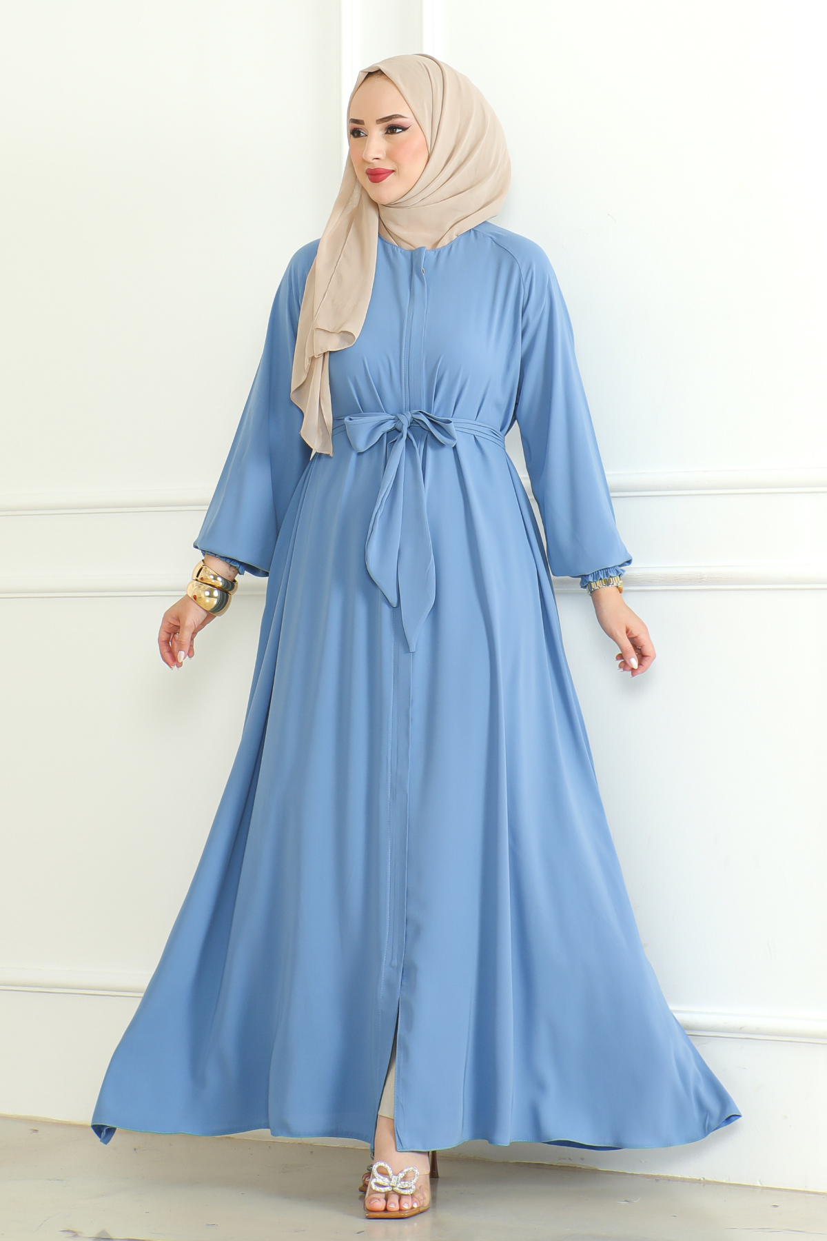 Blue Belted Abaya with Elasticated Cuffs & Front Zipper – Turkish Modest Maxi Dress