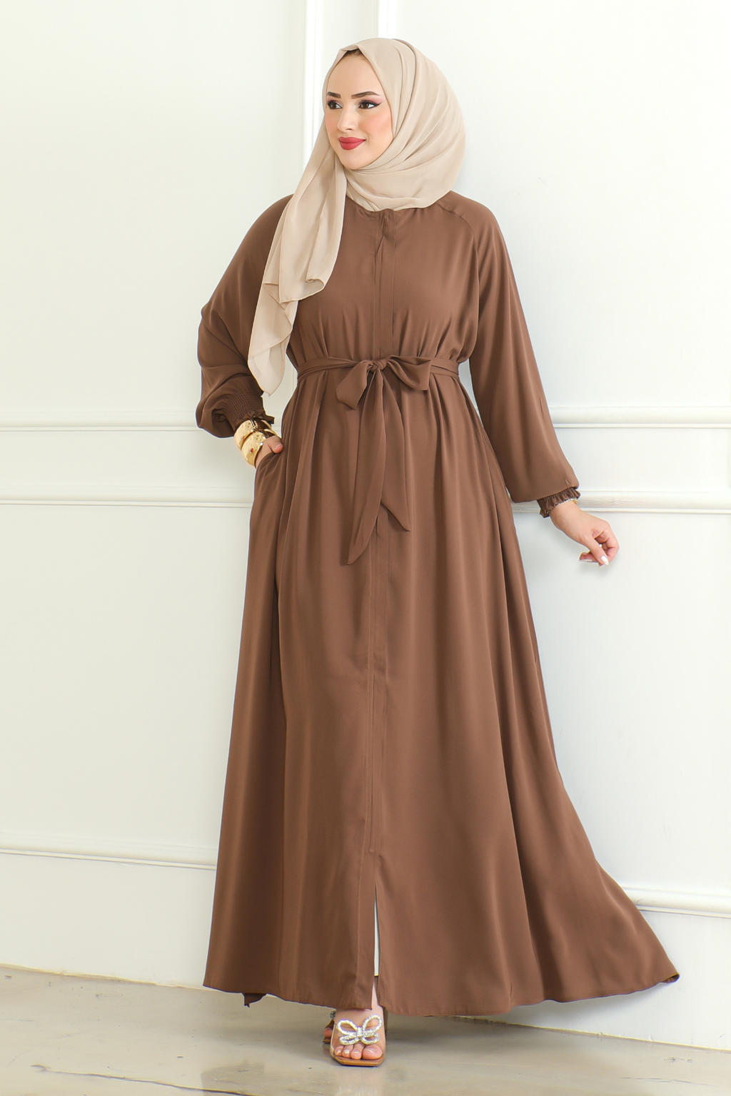 Brown Belted Abaya with Elasticated Cuffs & Front Zipper – Turkish Modest Maxi Dress