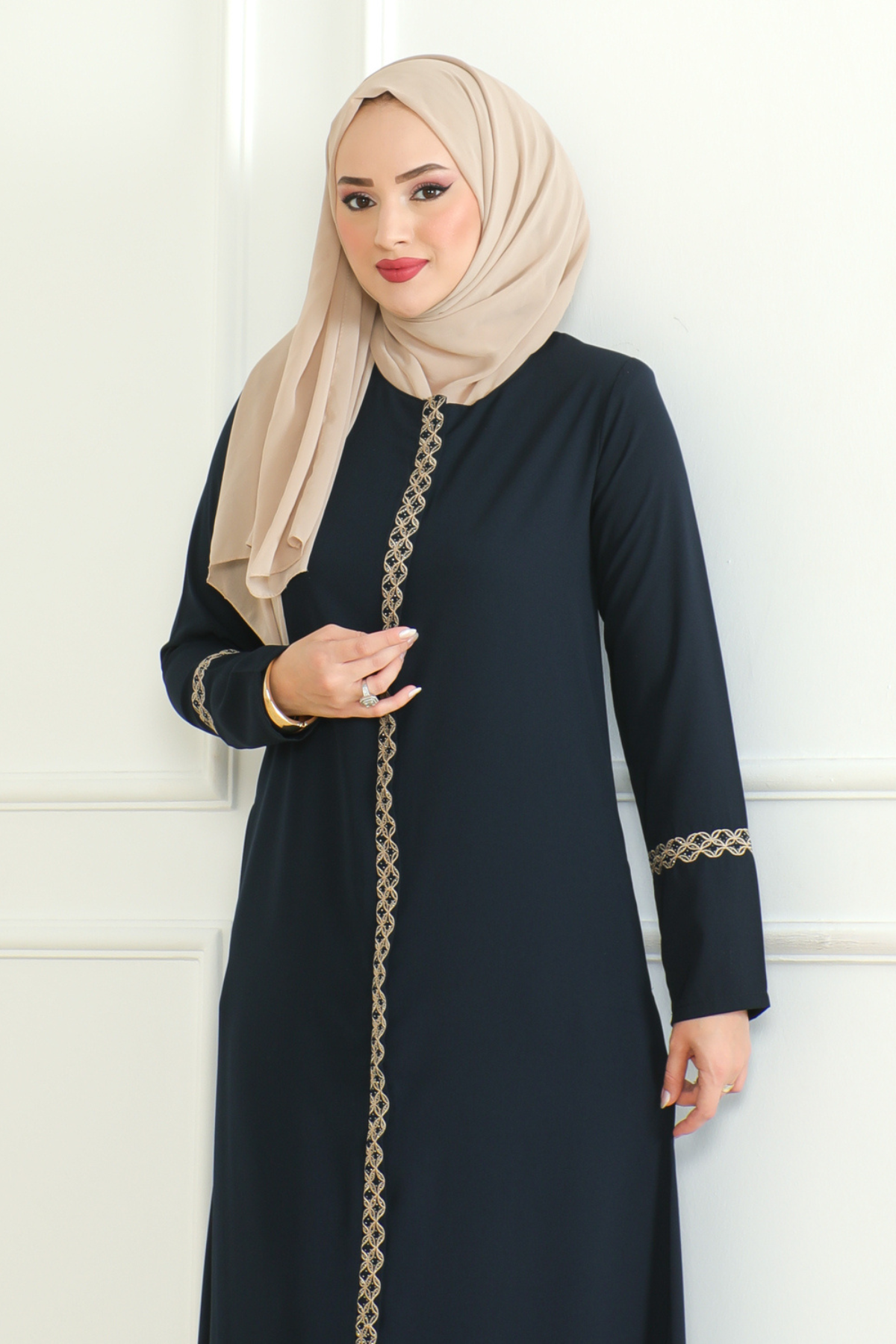 Navy Lace-Trim Embroidered Abaya with Hidden Front Zipper – Turkish Abaya