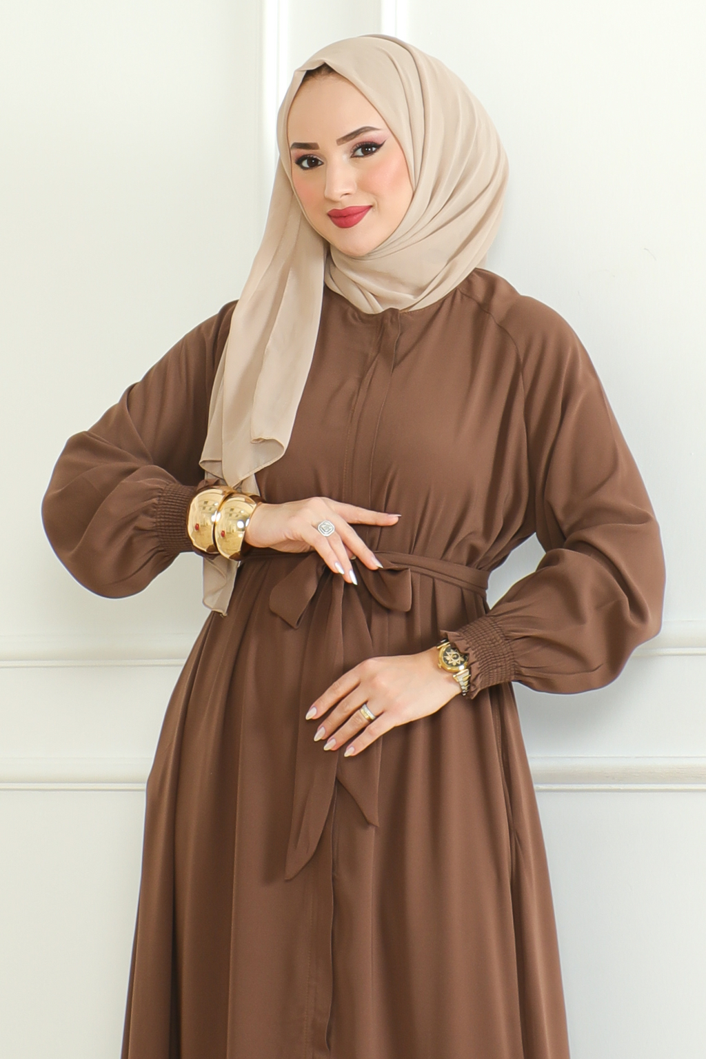 Brown Belted Abaya with Elasticated Cuffs & Front Zipper – Turkish Modest Maxi Dress