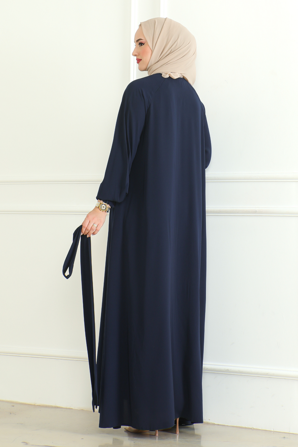 Navy Belted Abaya with Elasticated Cuffs & Front Zipper – Turkish Modest Maxi Dress