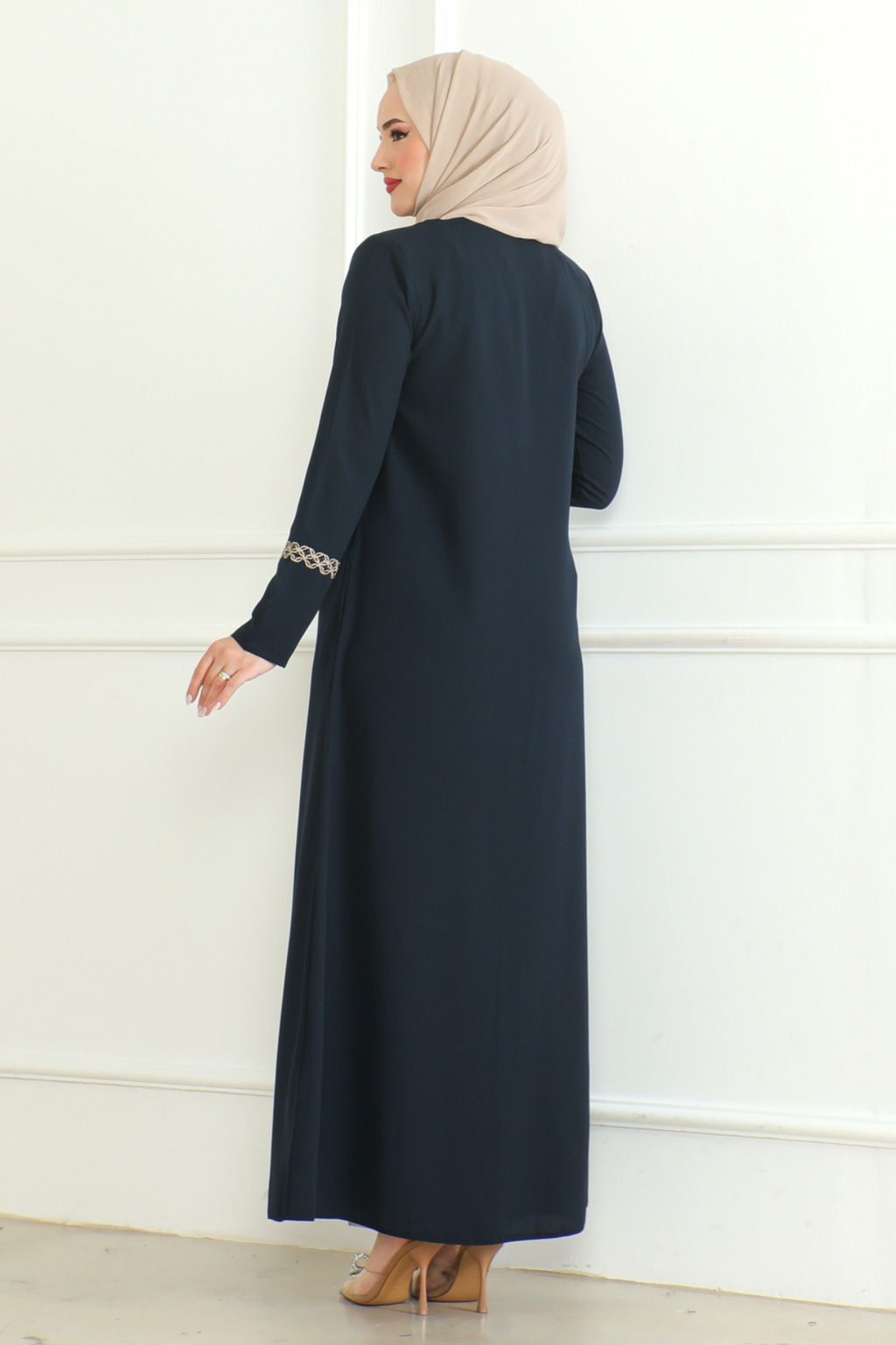 Navy Lace-Trim Embroidered Abaya with Hidden Front Zipper – Turkish Abaya