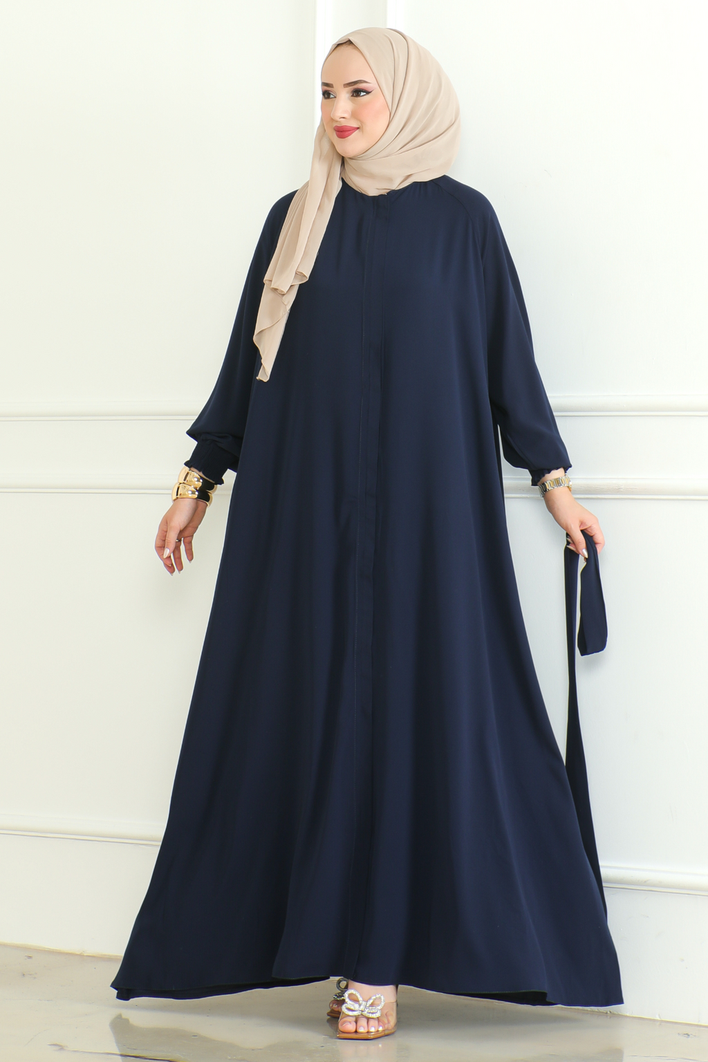 Navy Belted Abaya with Elasticated Cuffs & Front Zipper – Turkish Modest Maxi Dress