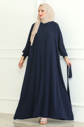 Navy Belted Abaya with Elasticated Cuffs & Front Zipper – Turkish Modest Maxi Dress
