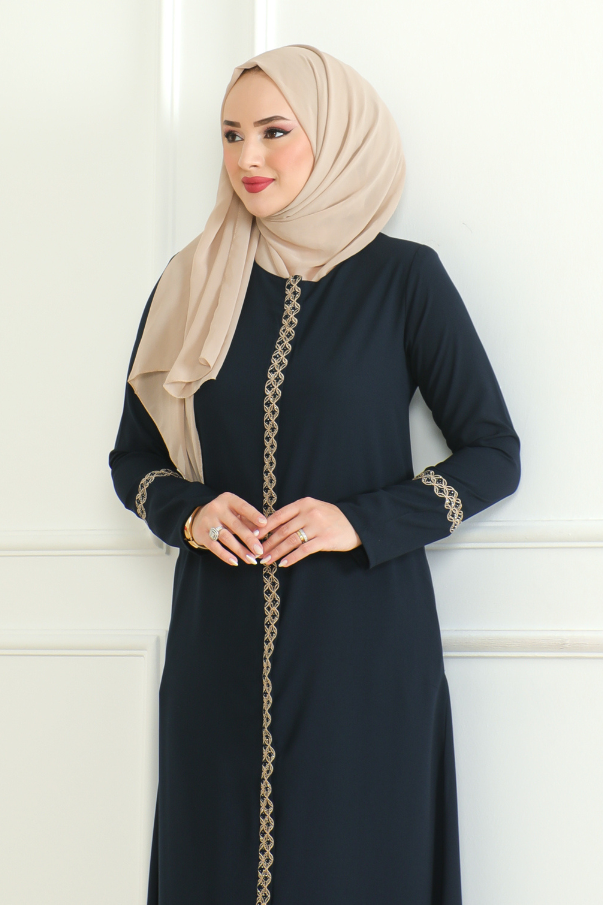 Navy Lace-Trim Embroidered Abaya with Hidden Front Zipper – Turkish Abaya