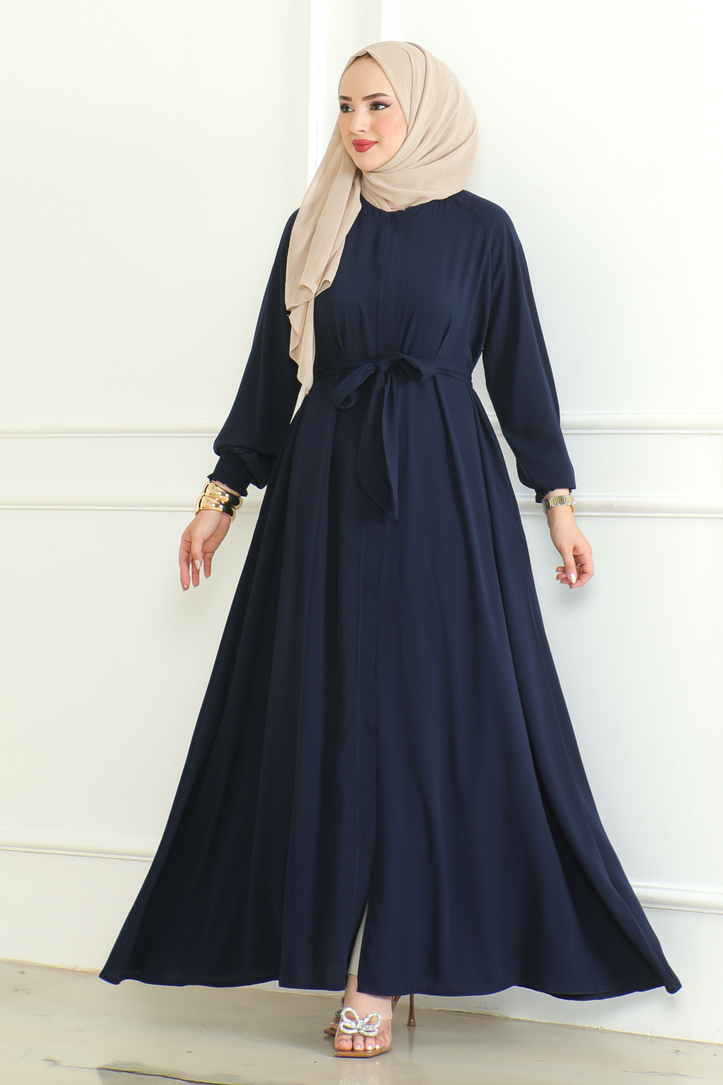 Navy Belted Abaya with Elasticated Cuffs & Front Zipper – Turkish Modest Maxi Dress