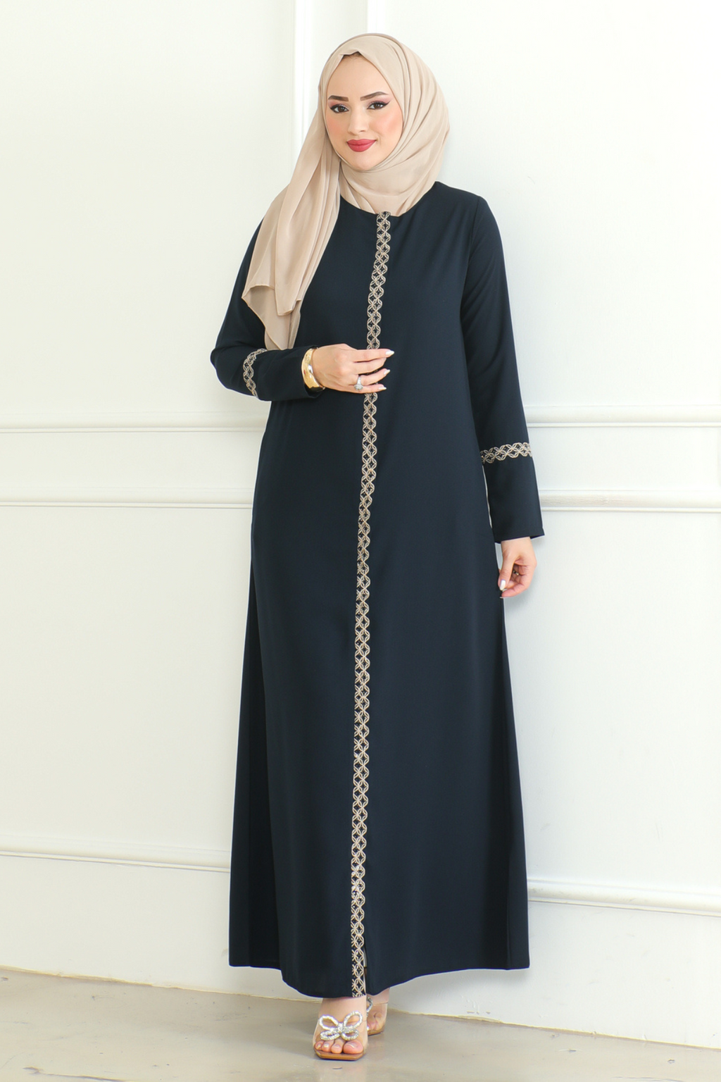 Navy Lace-Trim Embroidered Abaya with Hidden Front Zipper – Turkish Abaya