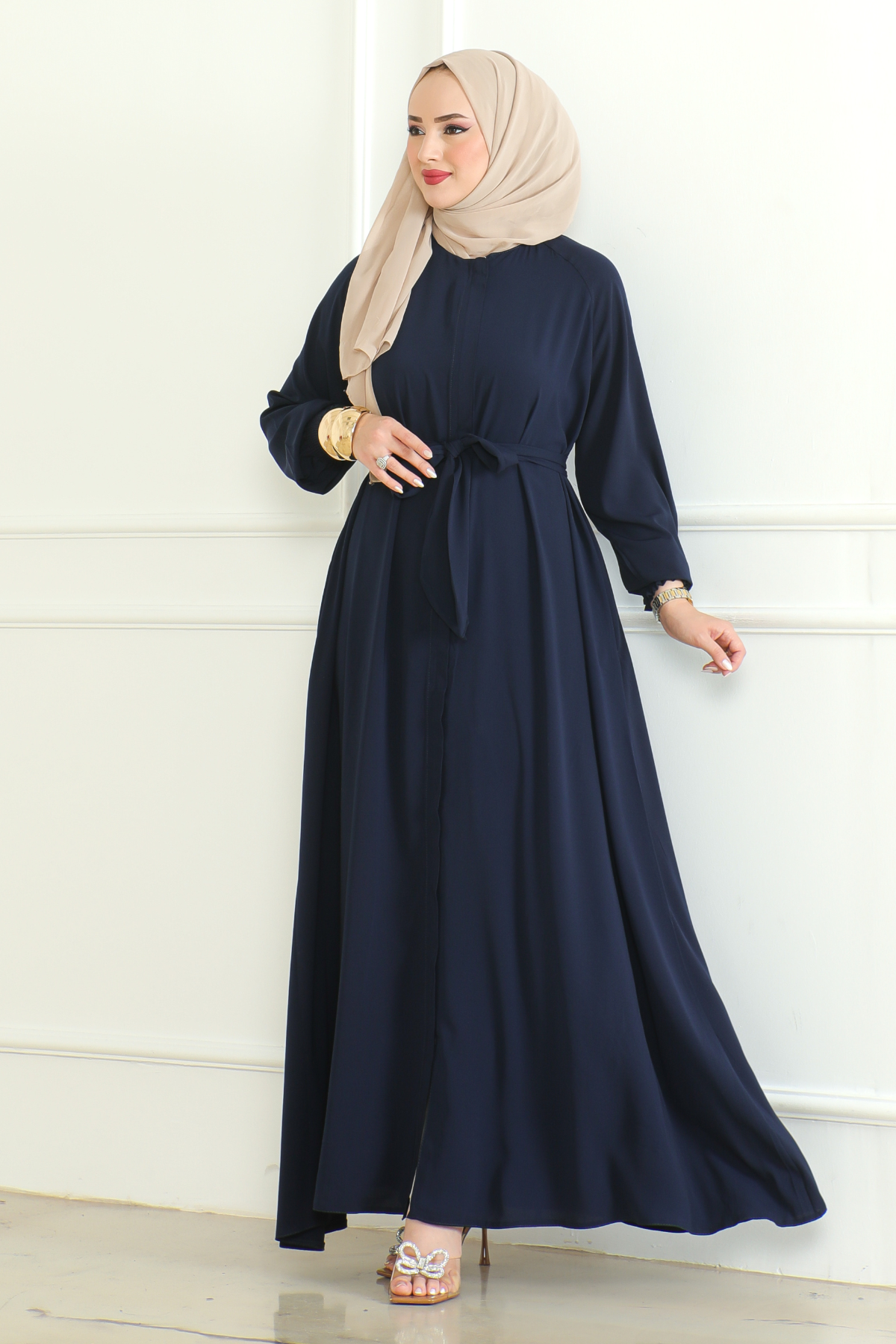 Navy Belted Abaya with Elasticated Cuffs & Front Zipper – Turkish Modest Maxi Dress