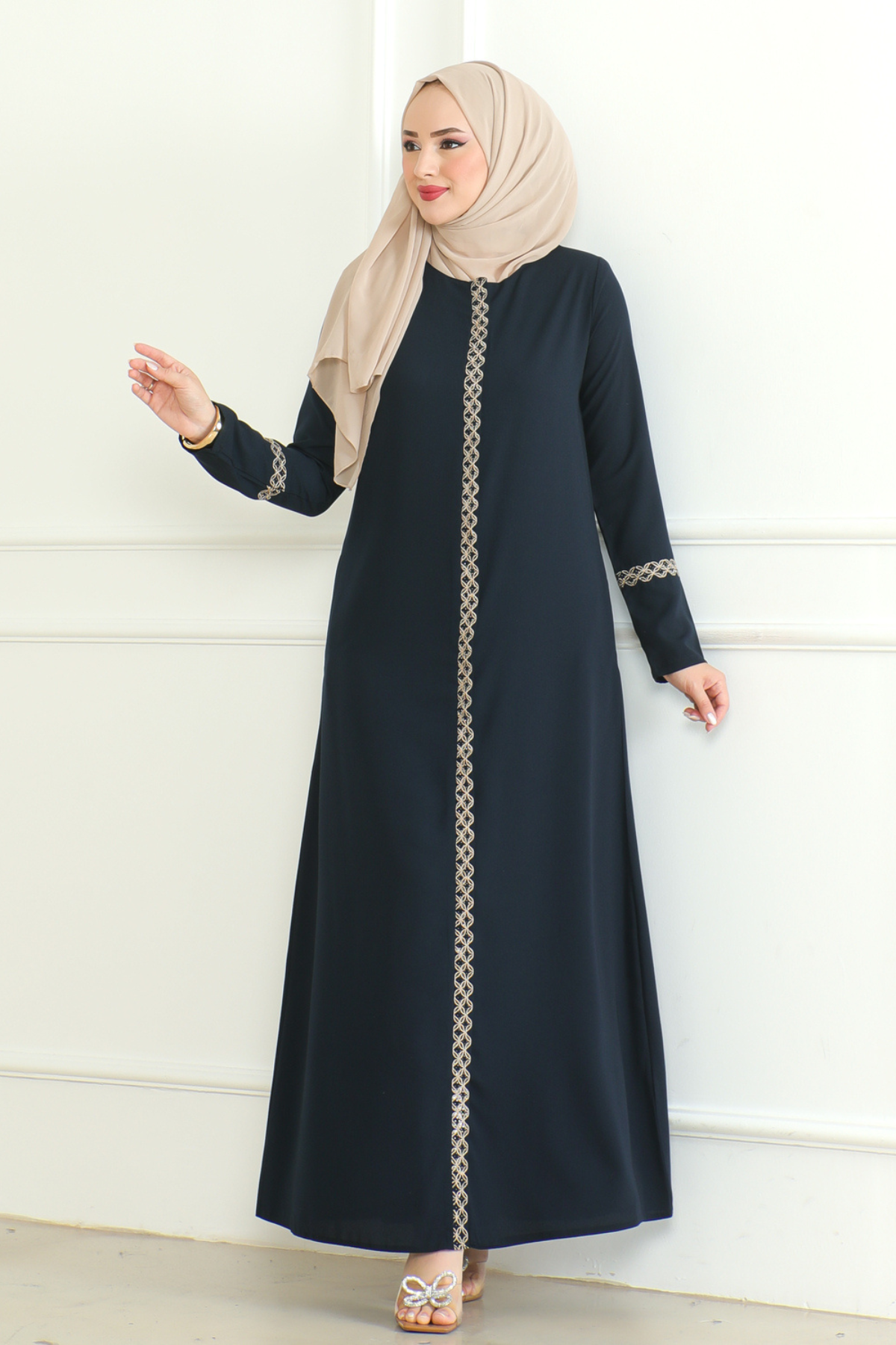 Navy Lace-Trim Embroidered Abaya with Hidden Front Zipper – Turkish Abaya