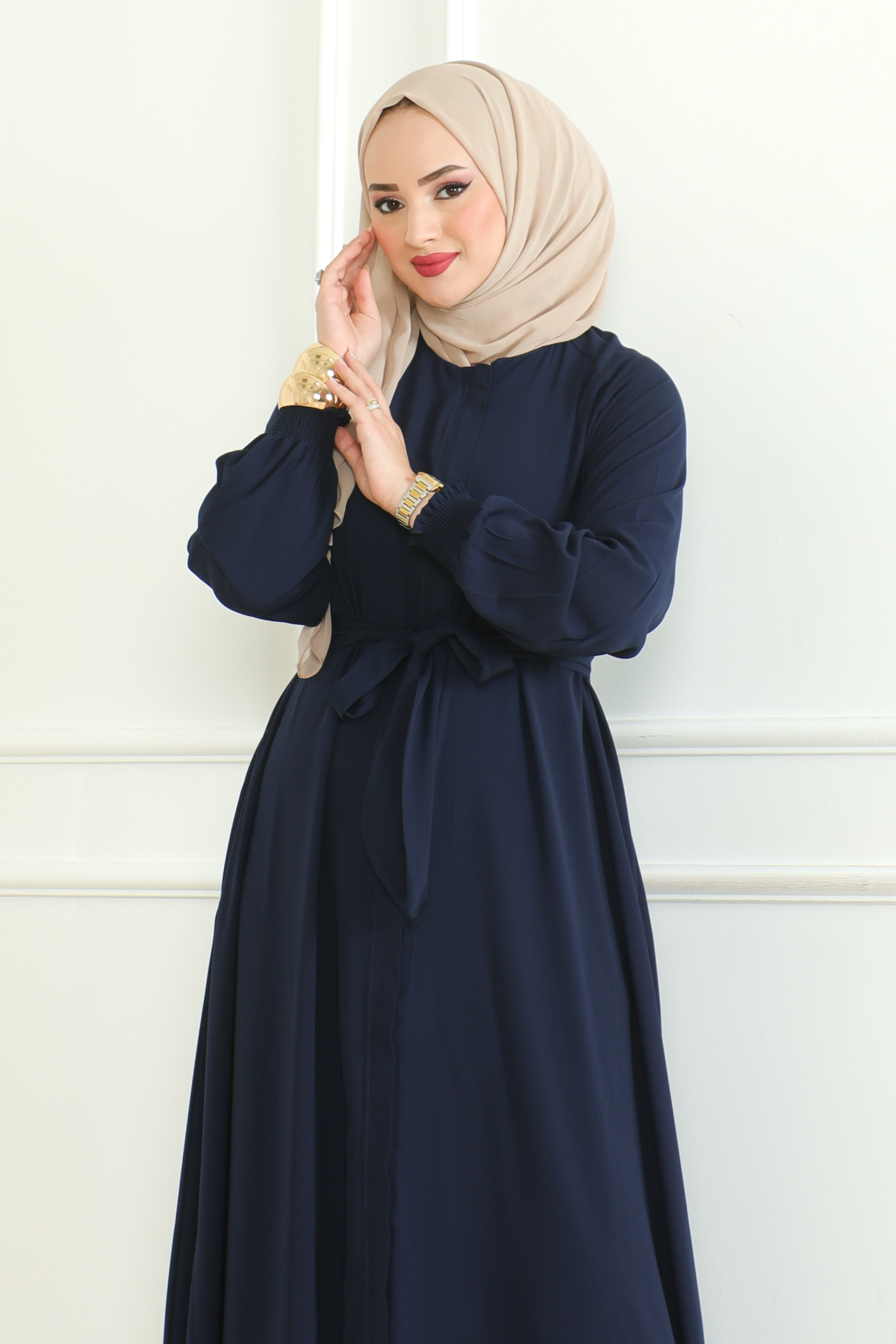 Navy Belted Abaya with Elasticated Cuffs & Front Zipper – Turkish Modest Maxi Dress