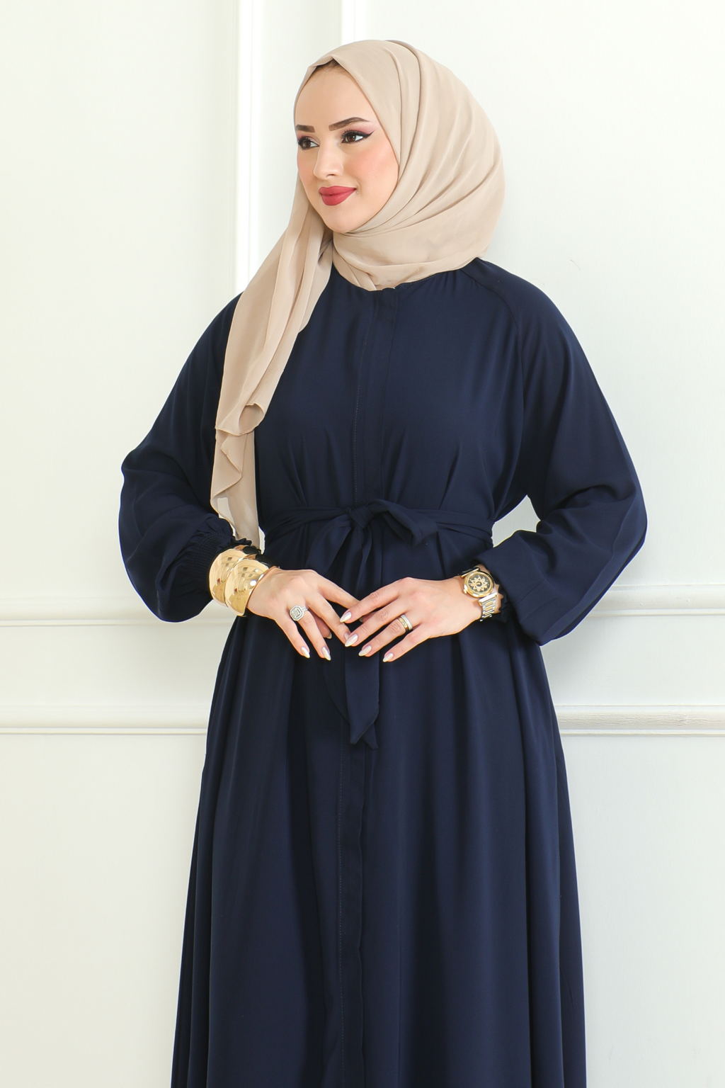 Navy Belted Abaya with Elasticated Cuffs & Front Zipper – Turkish Modest Maxi Dress
