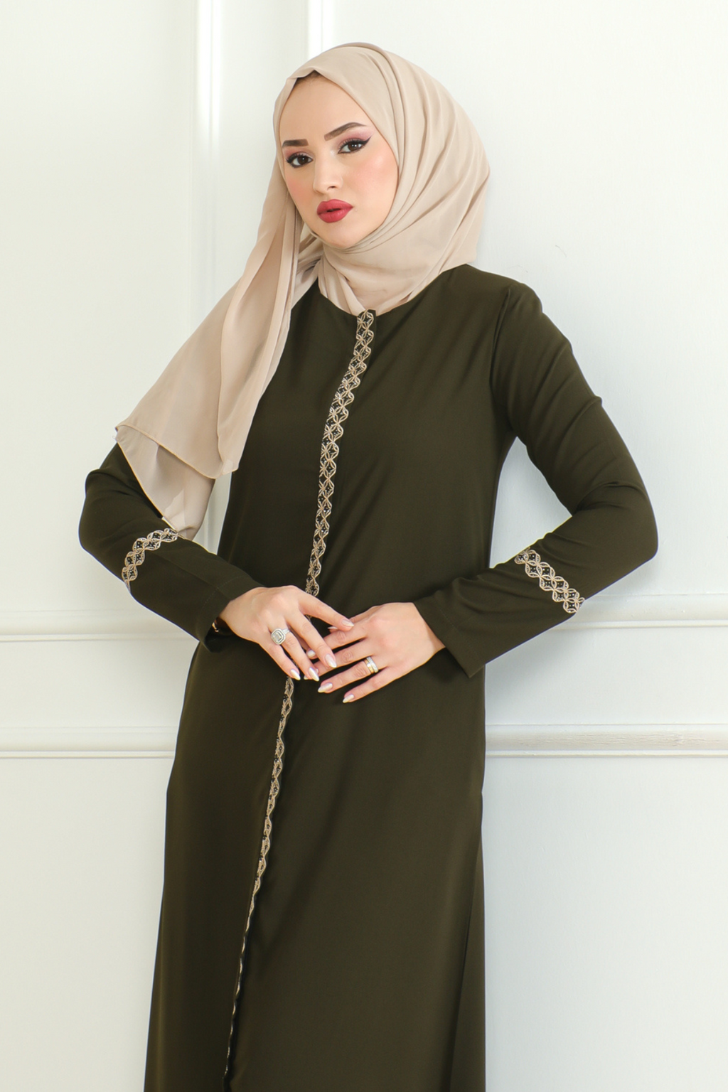 Green Lace-Trim Embroidered Abaya with Hidden Front Zipper – Turkish Abaya