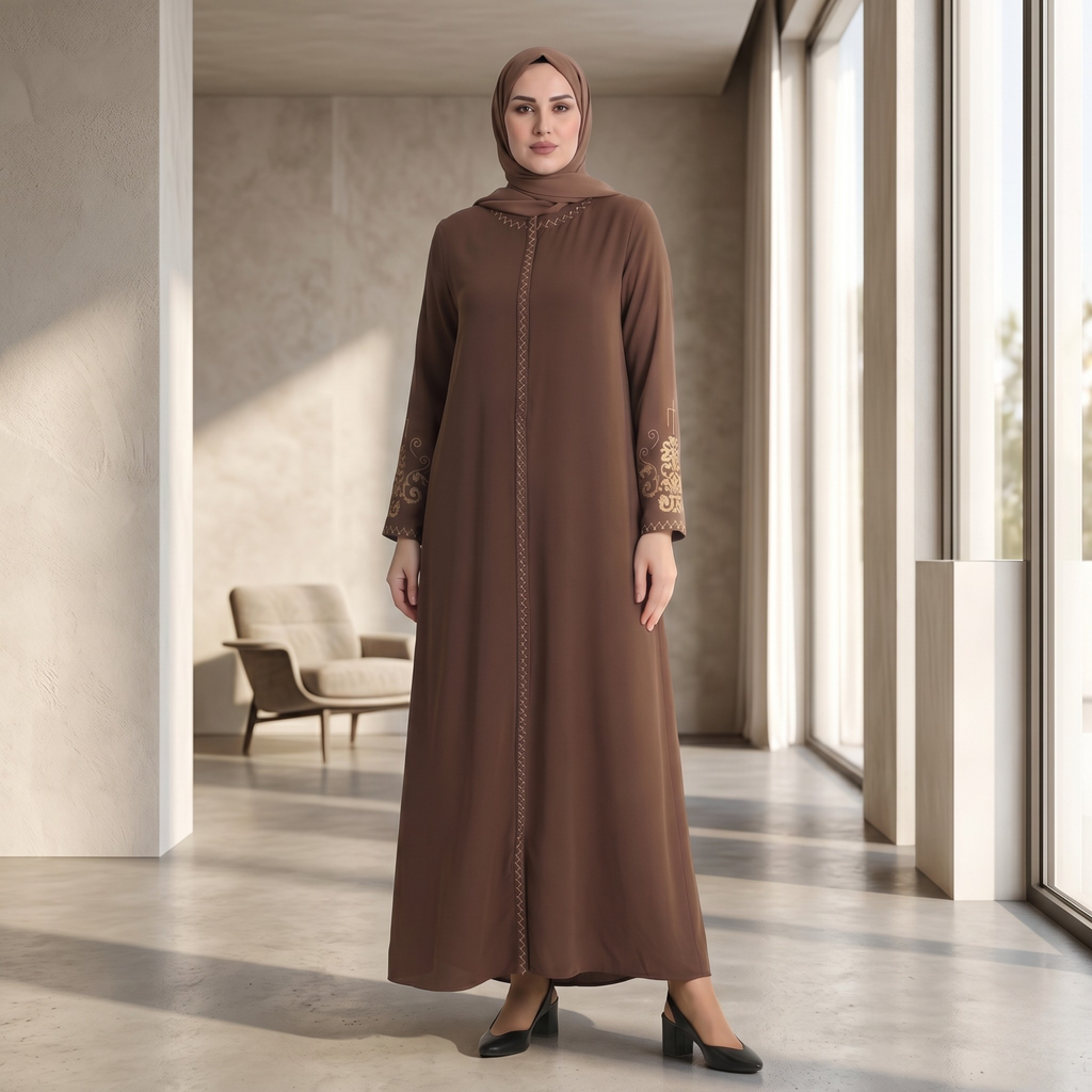 Mocha brown embroidered abaya with hidden zipper and floral cuff detail, front view, brown hijab by Istanbul Styles