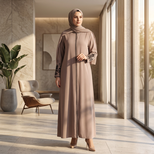 Taupe embroidered sleeve abaya with dark centre trim, front view, worn with matching taupe hijab by Istanbul Styles