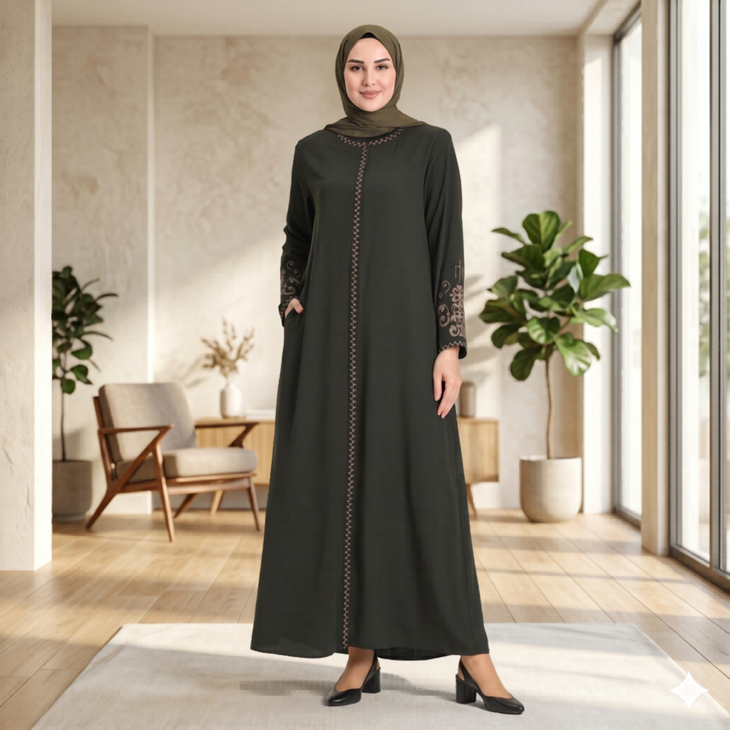 Dark olive green embroidered sleeve abaya with zigzag front trim, relaxed fit, front view, olive hijab