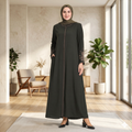 Dark olive green embroidered sleeve abaya with zigzag front trim, relaxed fit, front view, olive hijab