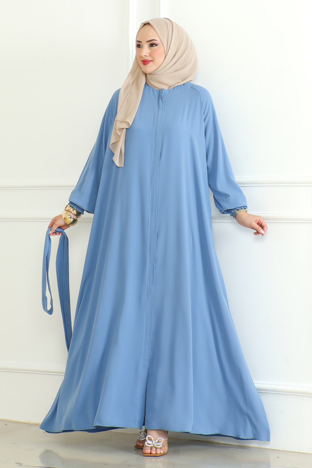 Blue Belted Abaya with Elasticated Cuffs & Front Zipper – Turkish Modest Maxi Dress