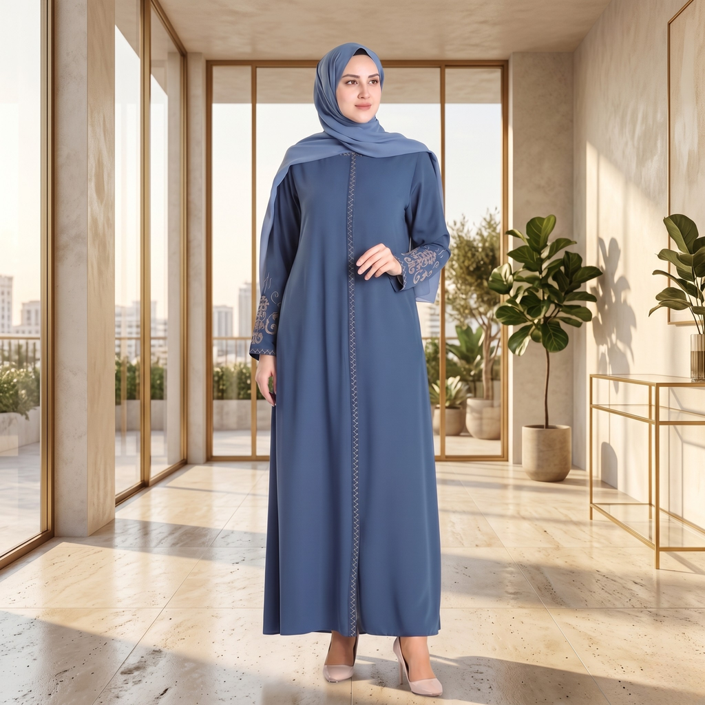 Steel blue modest abaya with embroidered cuffs and front zipper detail, full-length front view, blue hijab