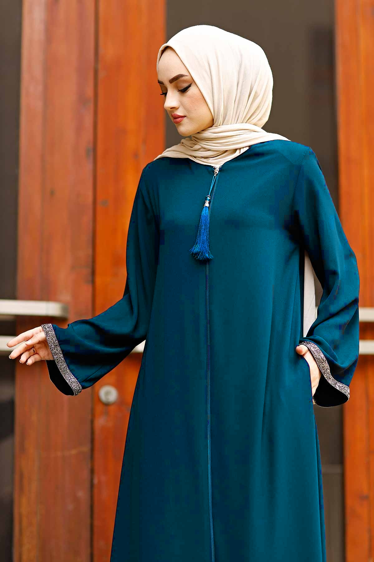Front Zippered Arms Stone Abaya Dress MUH-130