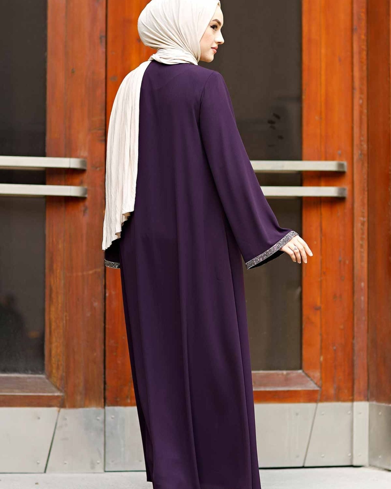 Purple Stone-Trimmed Sleeve Abaya with Front Zipper & Tassel – Turkish Abaya