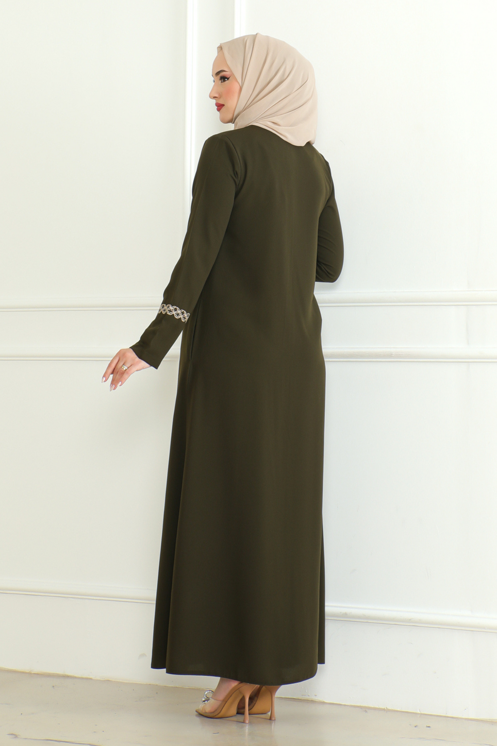Green Lace-Trim Embroidered Abaya with Hidden Front Zipper – Turkish Abaya