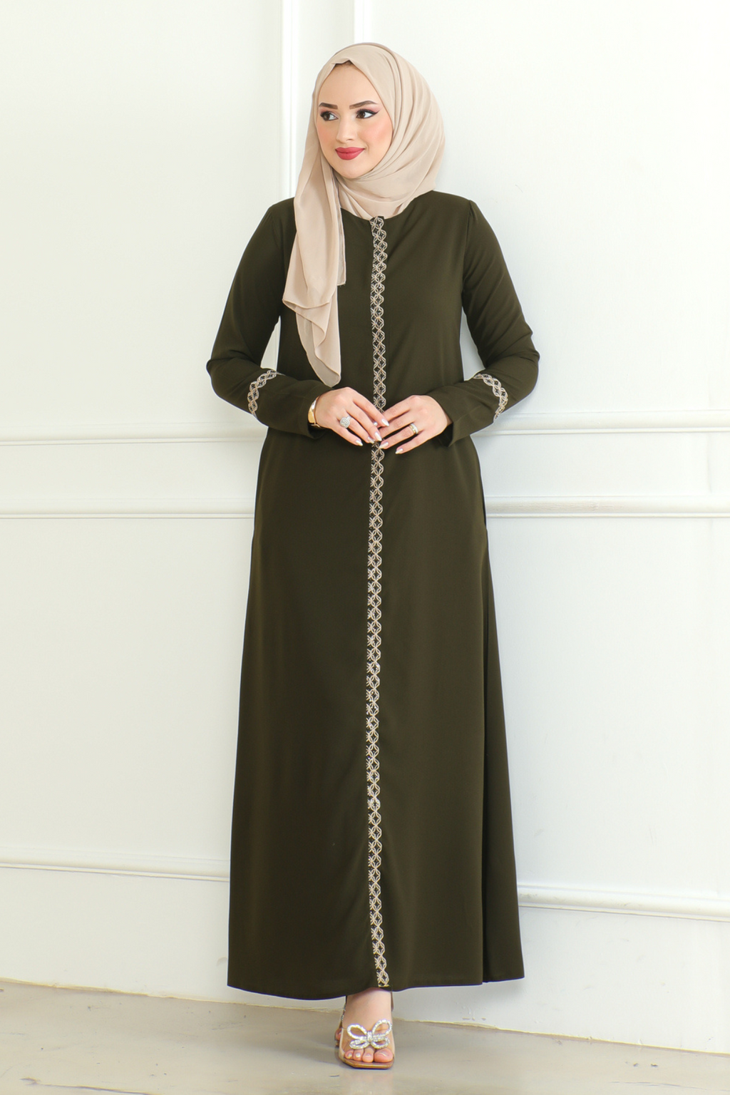 Green Lace-Trim Embroidered Abaya with Hidden Front Zipper – Turkish Abaya