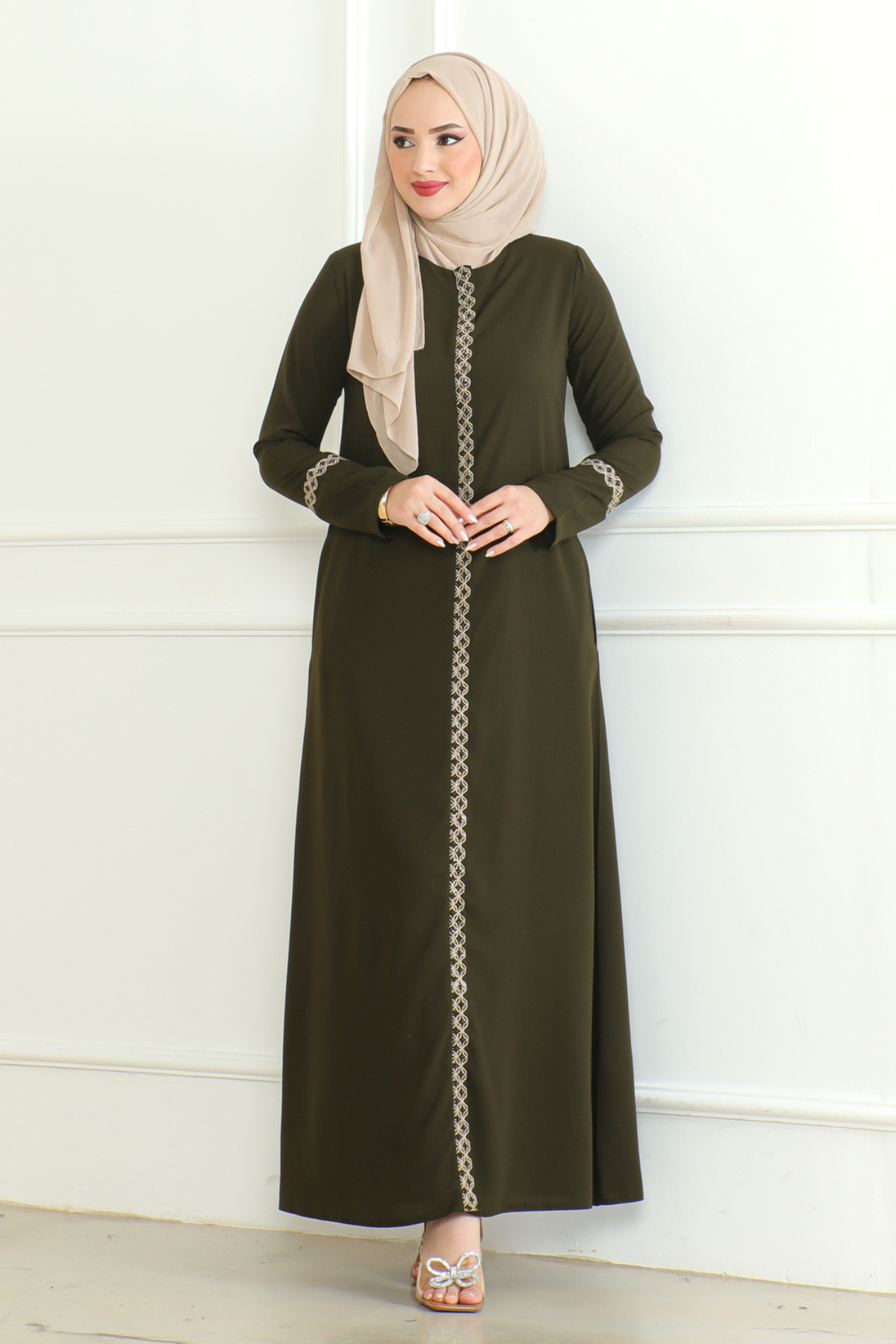Green Lace-Trim Embroidered Abaya with Hidden Front Zipper – Turkish Abaya
