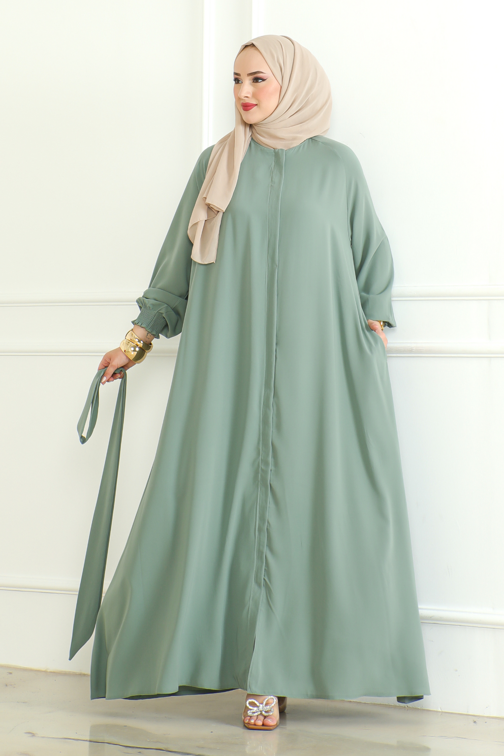 Green Belted Abaya with Elasticated Cuffs & Front Zipper – Turkish Modest Maxi Dress
