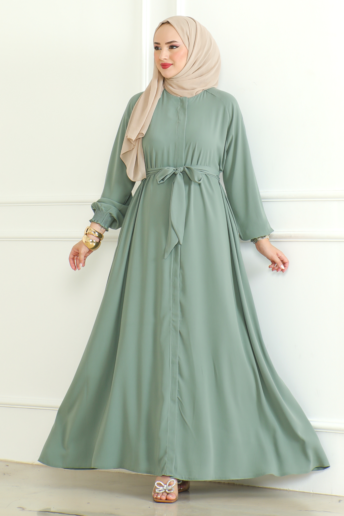 Green Belted Abaya with Elasticated Cuffs & Front Zipper – Turkish Modest Maxi Dress