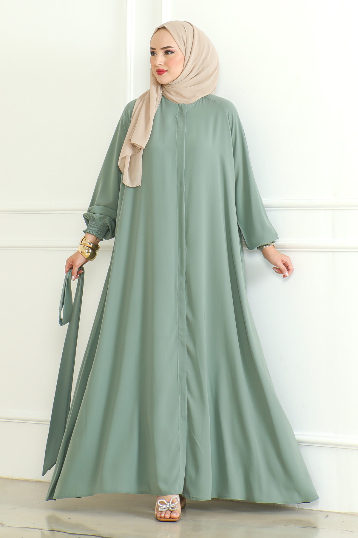 Green Belted Abaya with Elasticated Cuffs & Front Zipper – Turkish Modest Maxi Dress