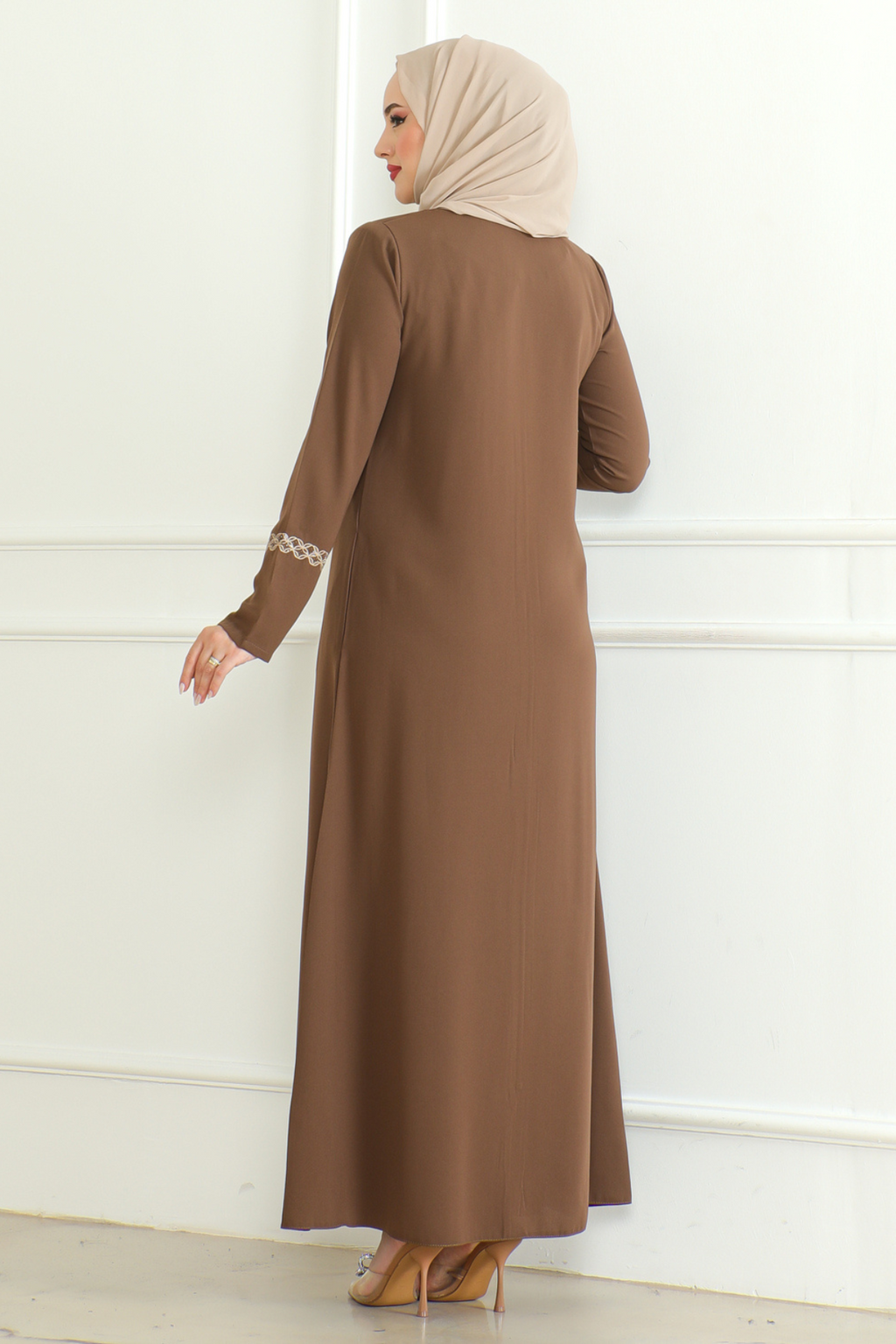 Brown Lace-Trim Embroidered Abaya with Hidden Front Zipper – Turkish Abaya