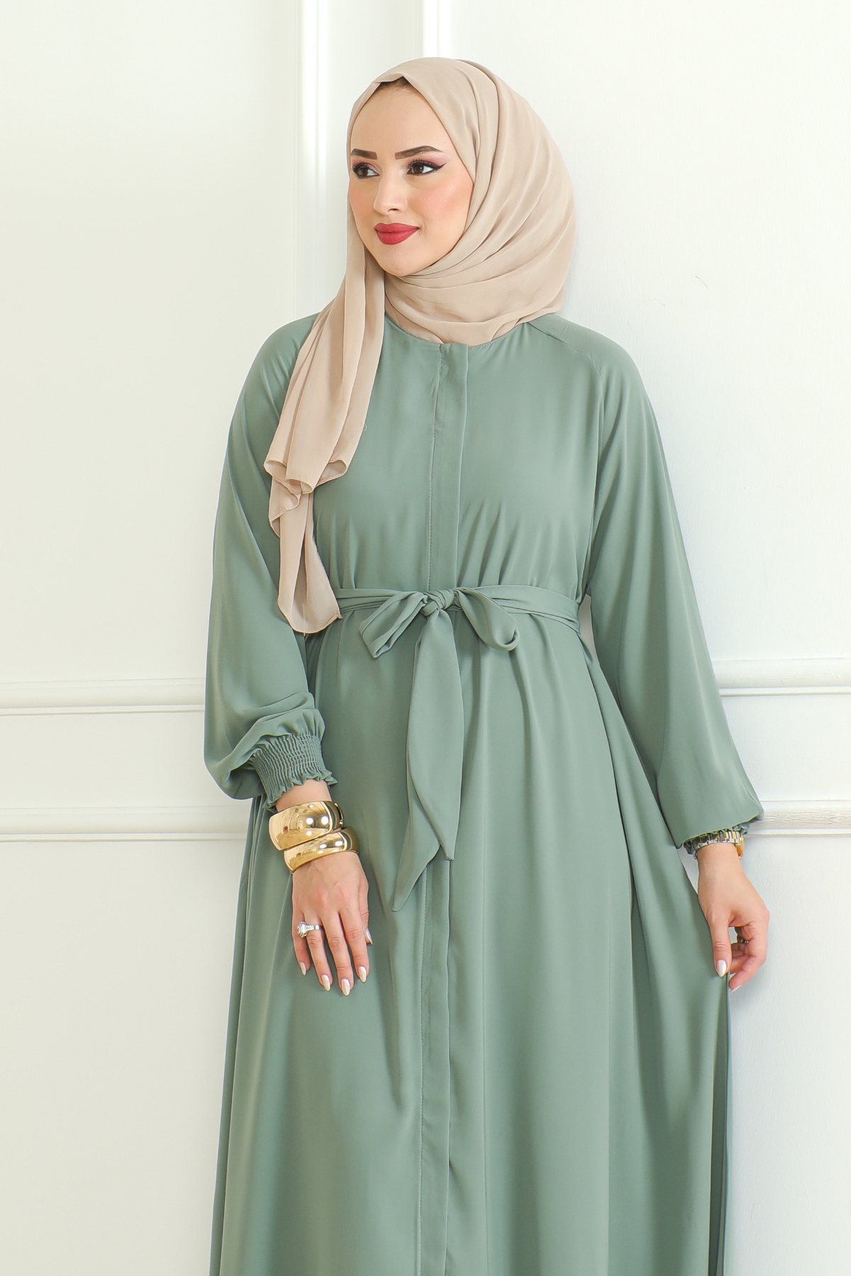 Green Belted Abaya with Elasticated Cuffs & Front Zipper – Turkish Modest Maxi Dress