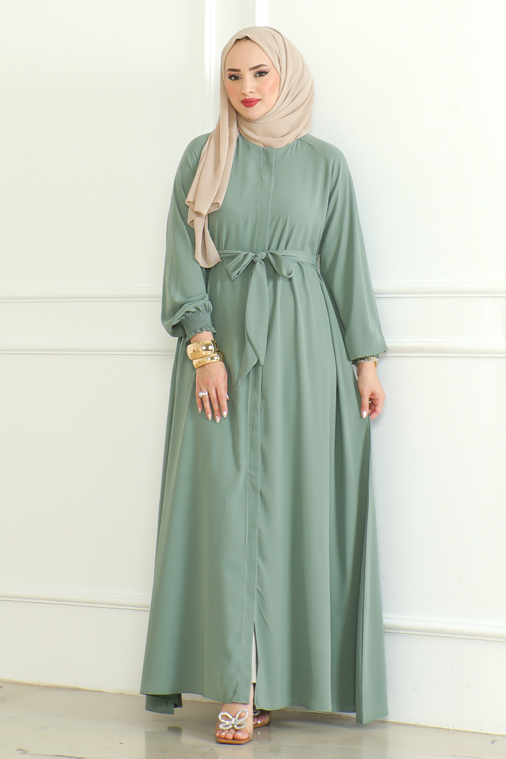 Green Belted Abaya with Elasticated Cuffs & Front Zipper – Turkish Modest Maxi Dress