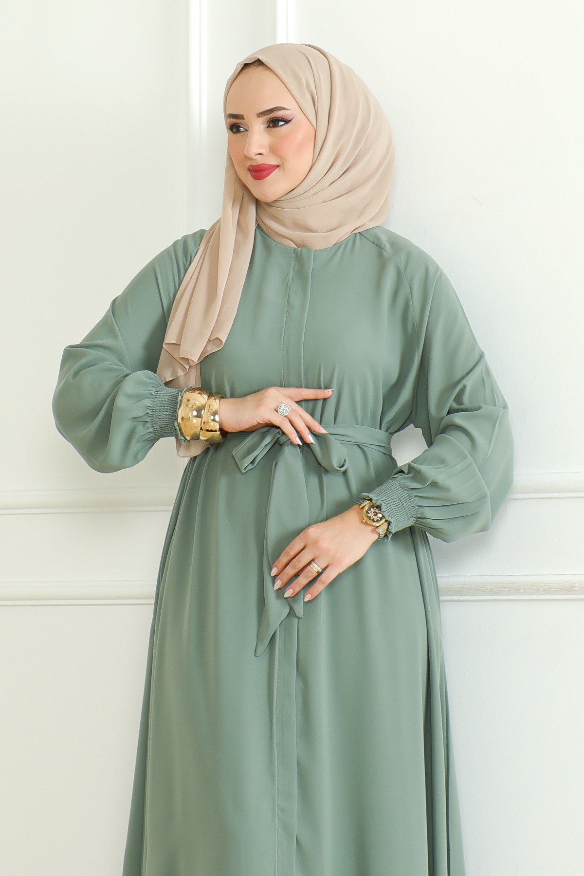 Green Belted Abaya with Elasticated Cuffs & Front Zipper – Turkish Modest Maxi Dress