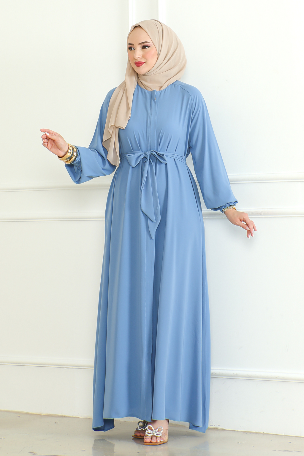 Blue Belted Abaya with Elasticated Cuffs & Front Zipper – Turkish Modest Maxi Dress