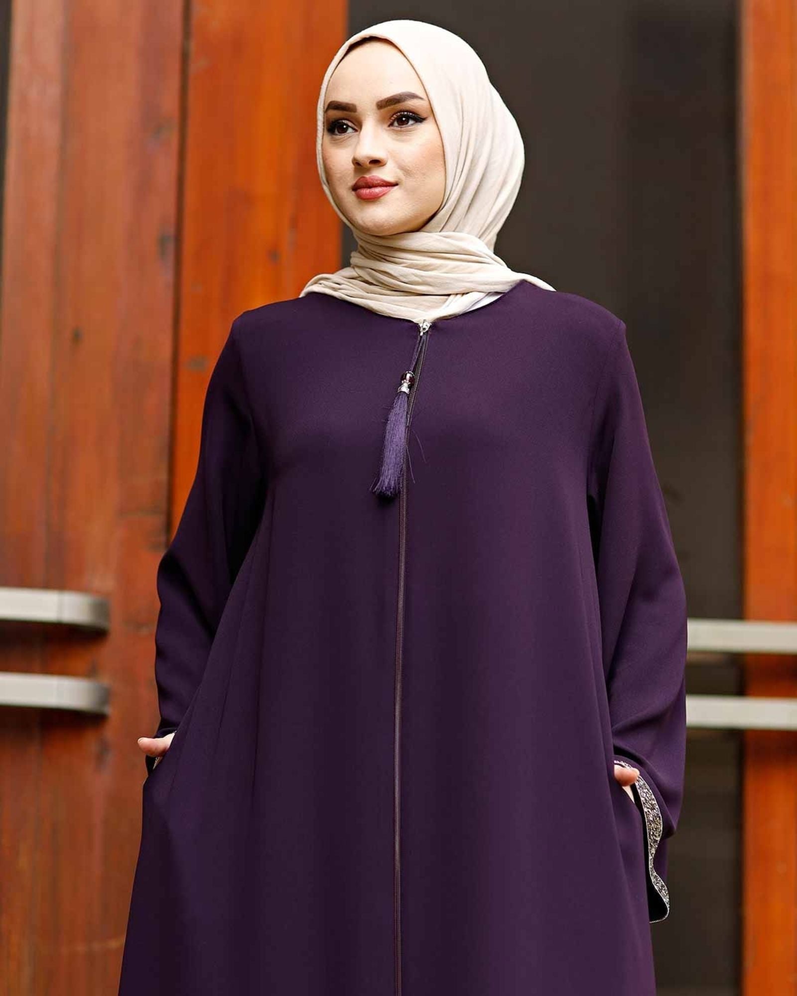 Purple Stone-Trimmed Sleeve Abaya with Front Zipper & Tassel – Turkish Abaya