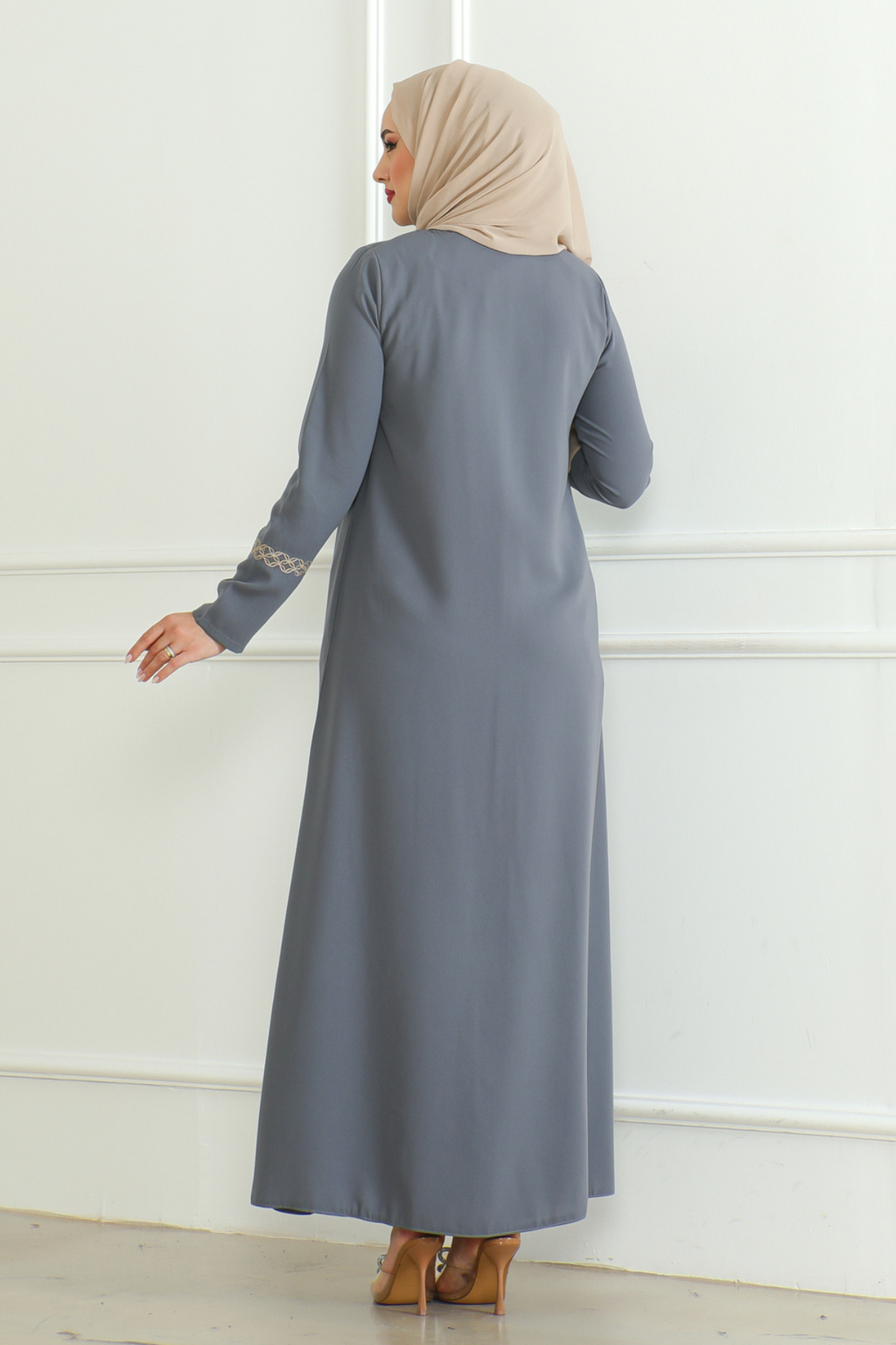 Grey Lace-Trim Embroidered Abaya with Hidden Front Zipper – Turkish Abaya