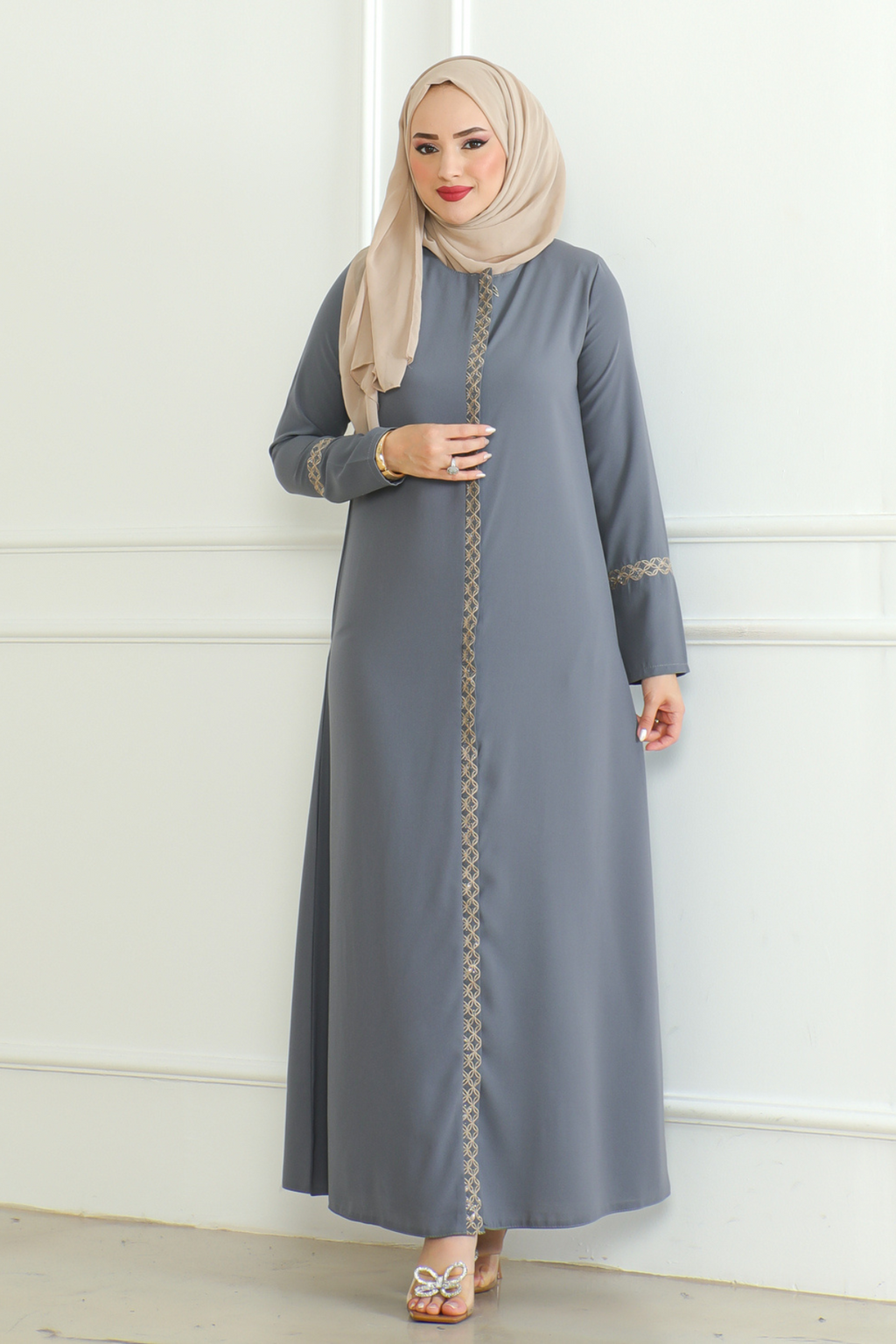 Grey Lace-Trim Embroidered Abaya with Hidden Front Zipper – Turkish Abaya