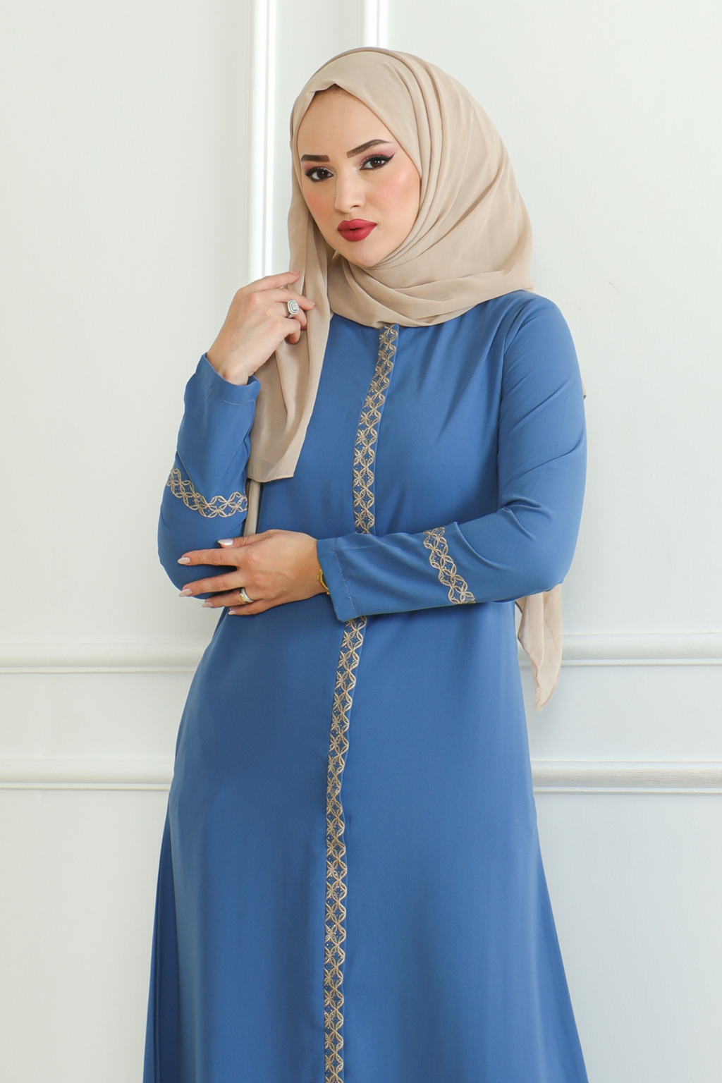Blue Lace-Trim Embroidered Abaya with Hidden Front Zipper – Turkish Abaya