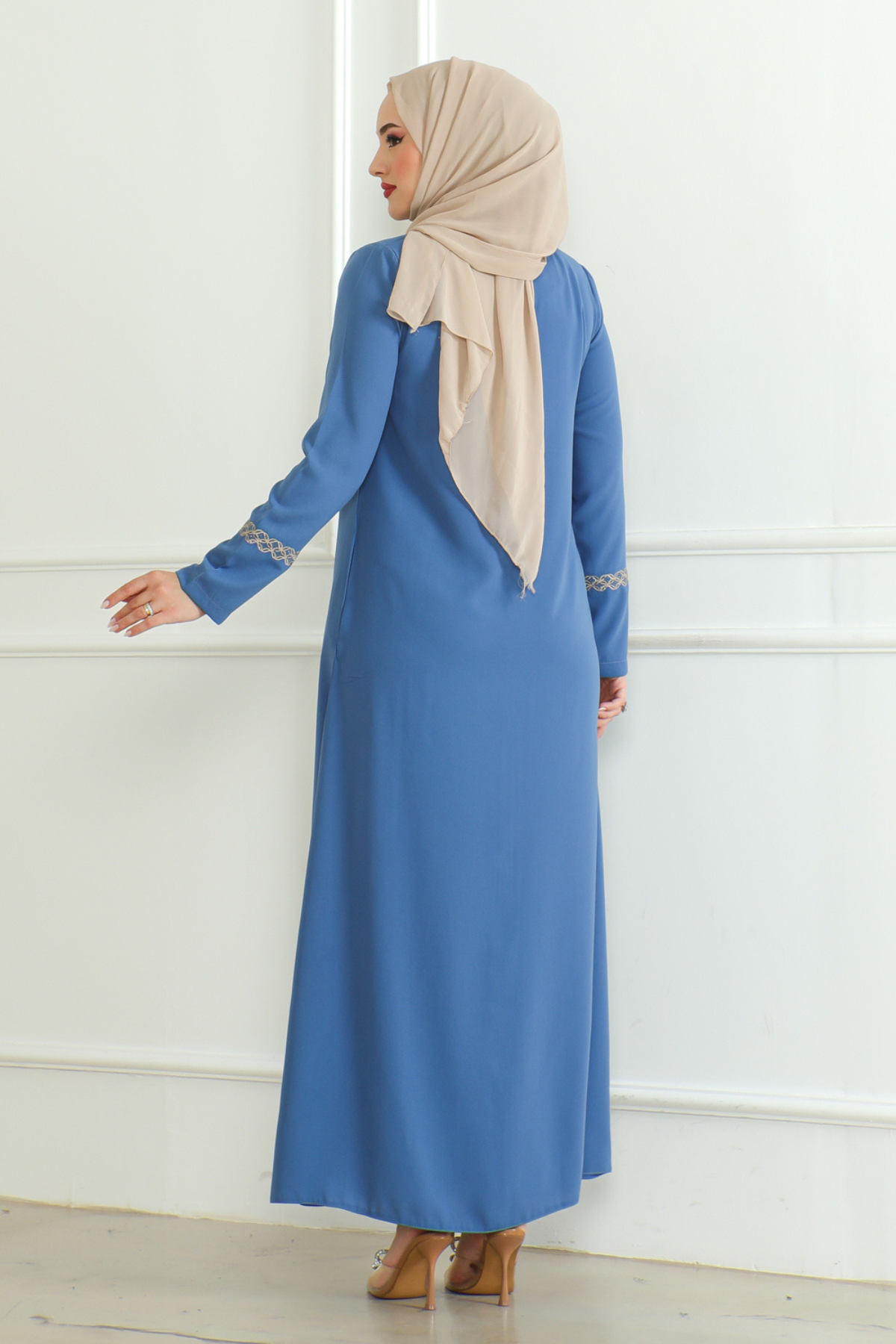 Blue Lace-Trim Embroidered Abaya with Hidden Front Zipper – Turkish Abaya