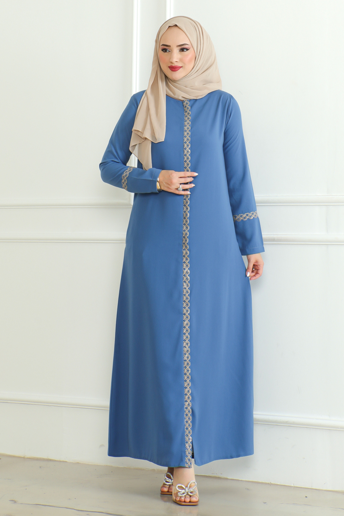 Blue Lace-Trim Embroidered Abaya with Hidden Front Zipper – Turkish Abaya