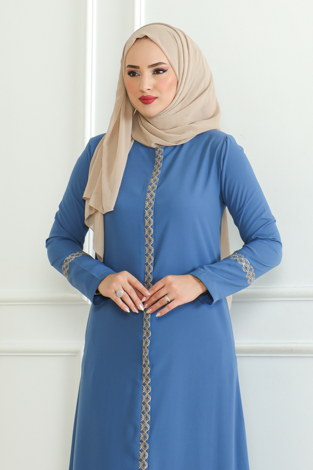 Blue Lace-Trim Embroidered Abaya with Hidden Front Zipper – Turkish Abaya