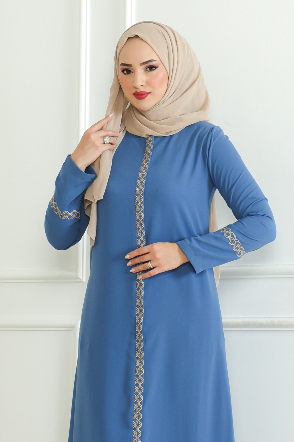 Blue Lace-Trim Embroidered Abaya with Hidden Front Zipper – Turkish Abaya