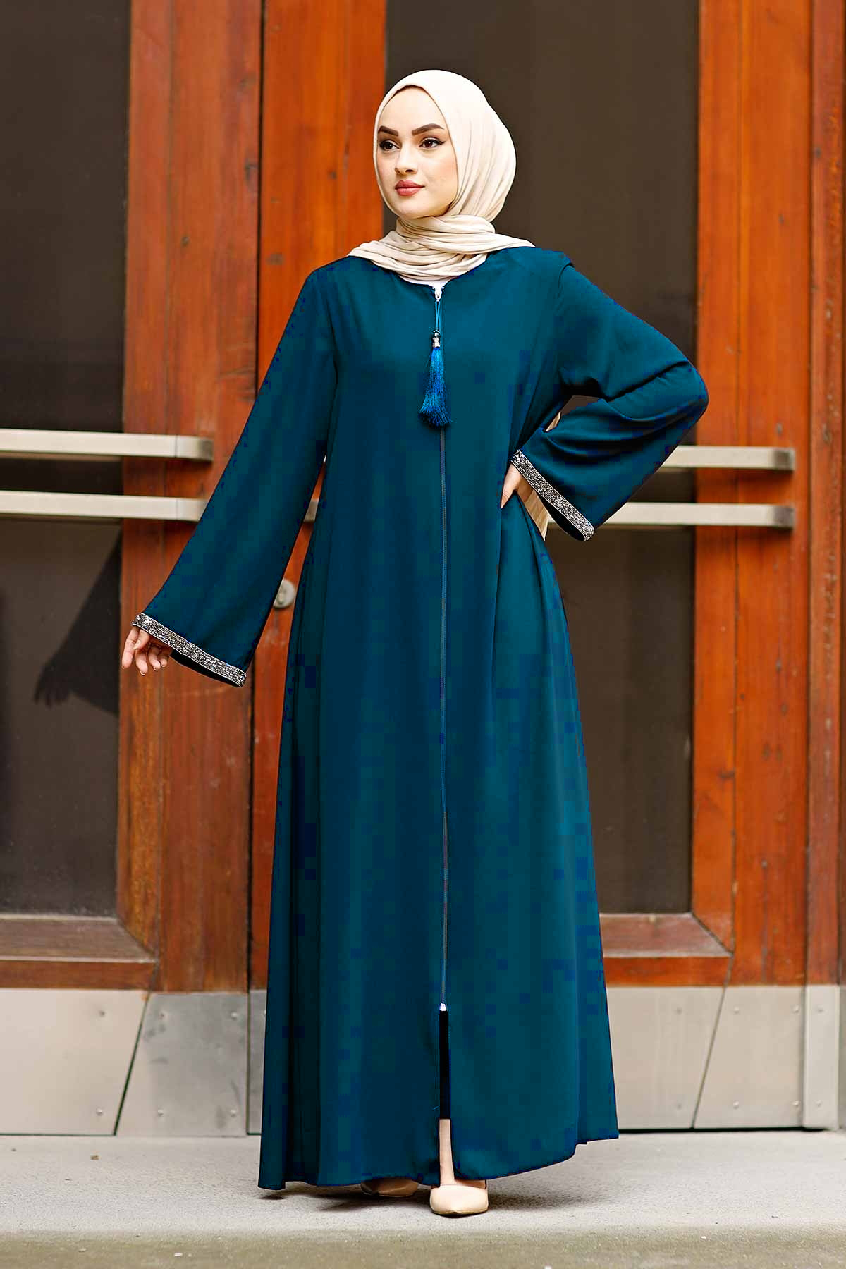 Front Zippered Arms Stone Abaya Dress MUH-130